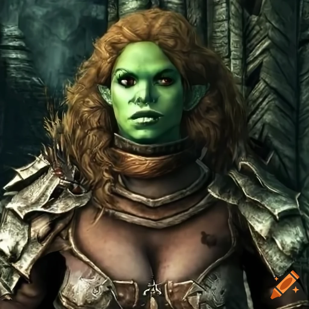Female orc warrior with long curly hair, sword, and armor in a Skyrim-like game scene