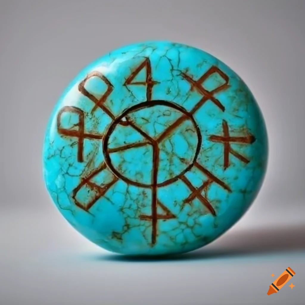Turquoise stone adorned with runes on a white background