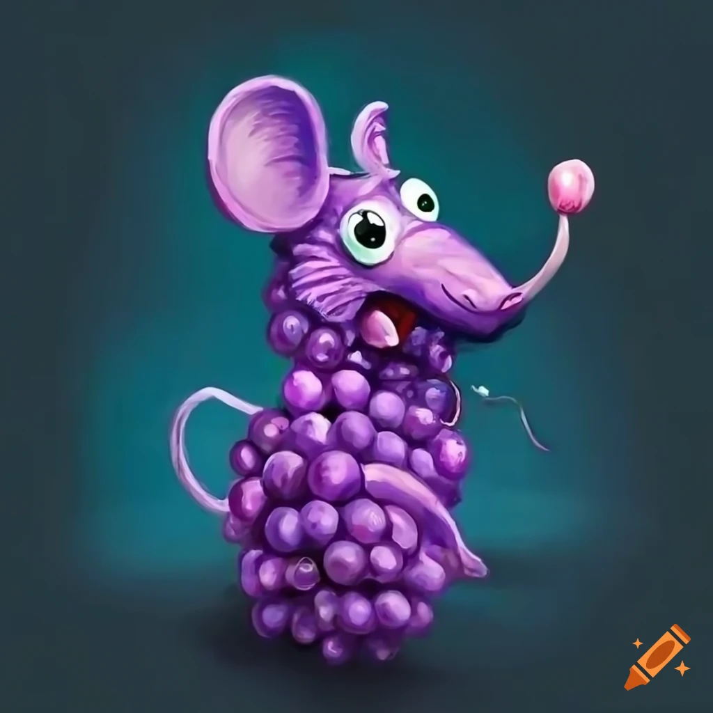 Scared storybook purple mouse made of grapes in oil painting style