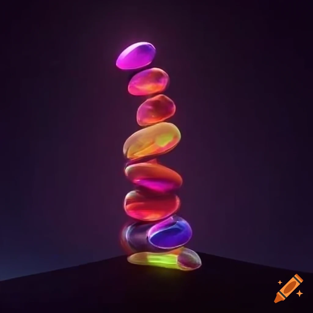 Stack of floating gems in a colorful mist