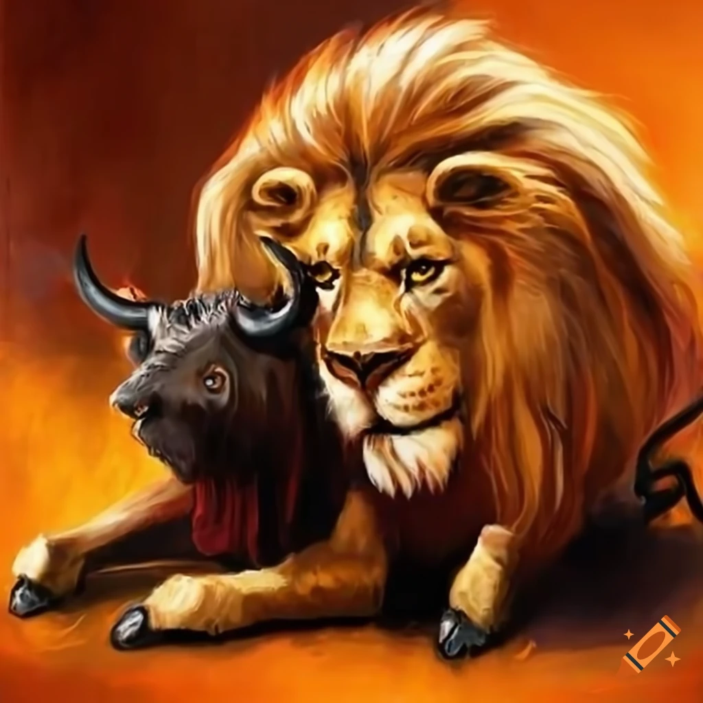 Lion riding a mechanical bull in a painting