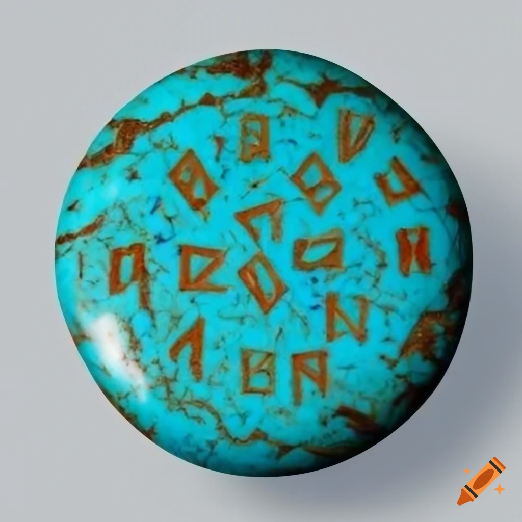 Round turquoise stone adorned with runes on white background