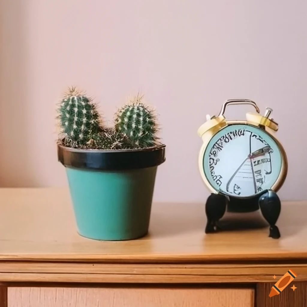 Alarm clock on nightstand next to mini cactus in pastel colors