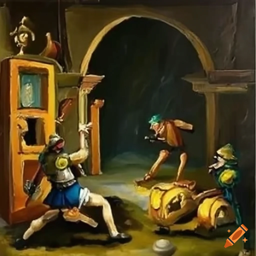 Adventurer fleeing from luminescent jelly cube with bones in ancient dungeon