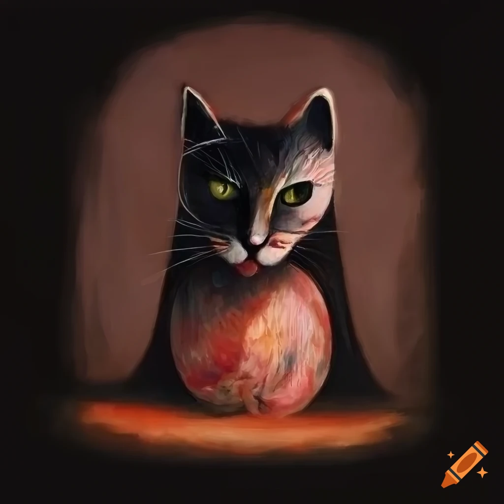 Painting of a cat in retrofuturistic Kabuki style with abstract motifs