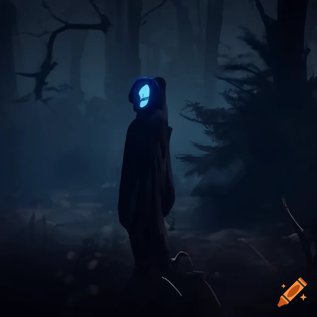 Person in arcane clothing with glowing white eyes in a corrupted forest at night