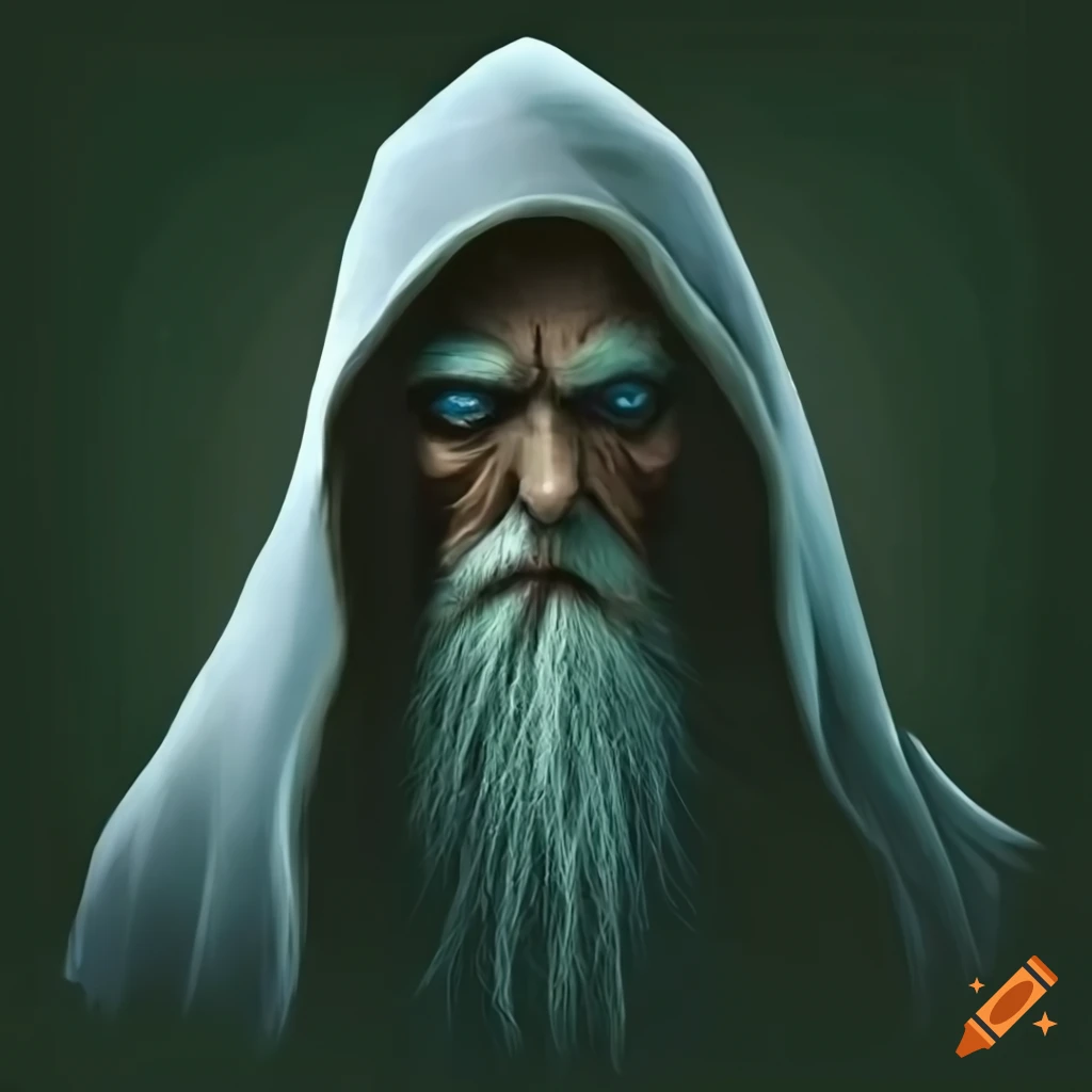 Grim old wizard with blue eyes and long white beard in a mystical ...
