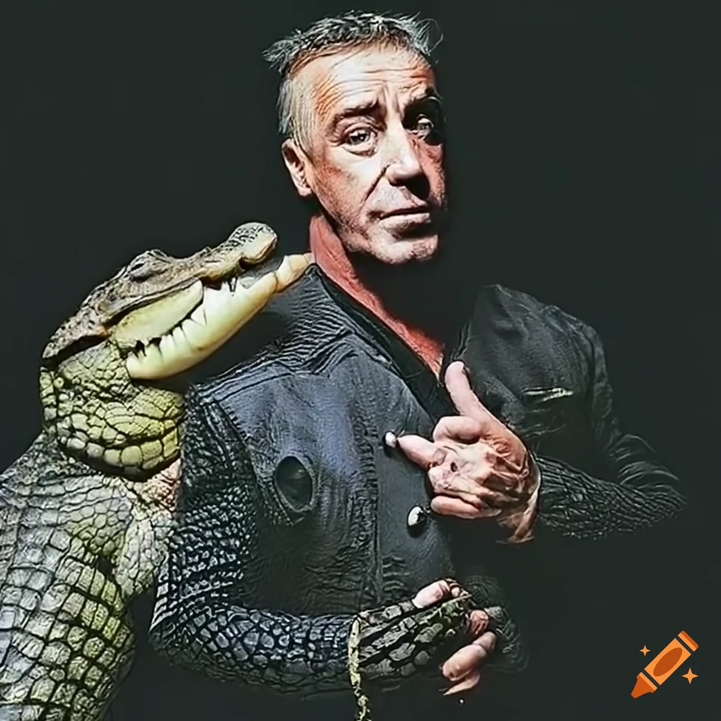 Musician Till Lindemann posing with a captive crocodile in the wilderness