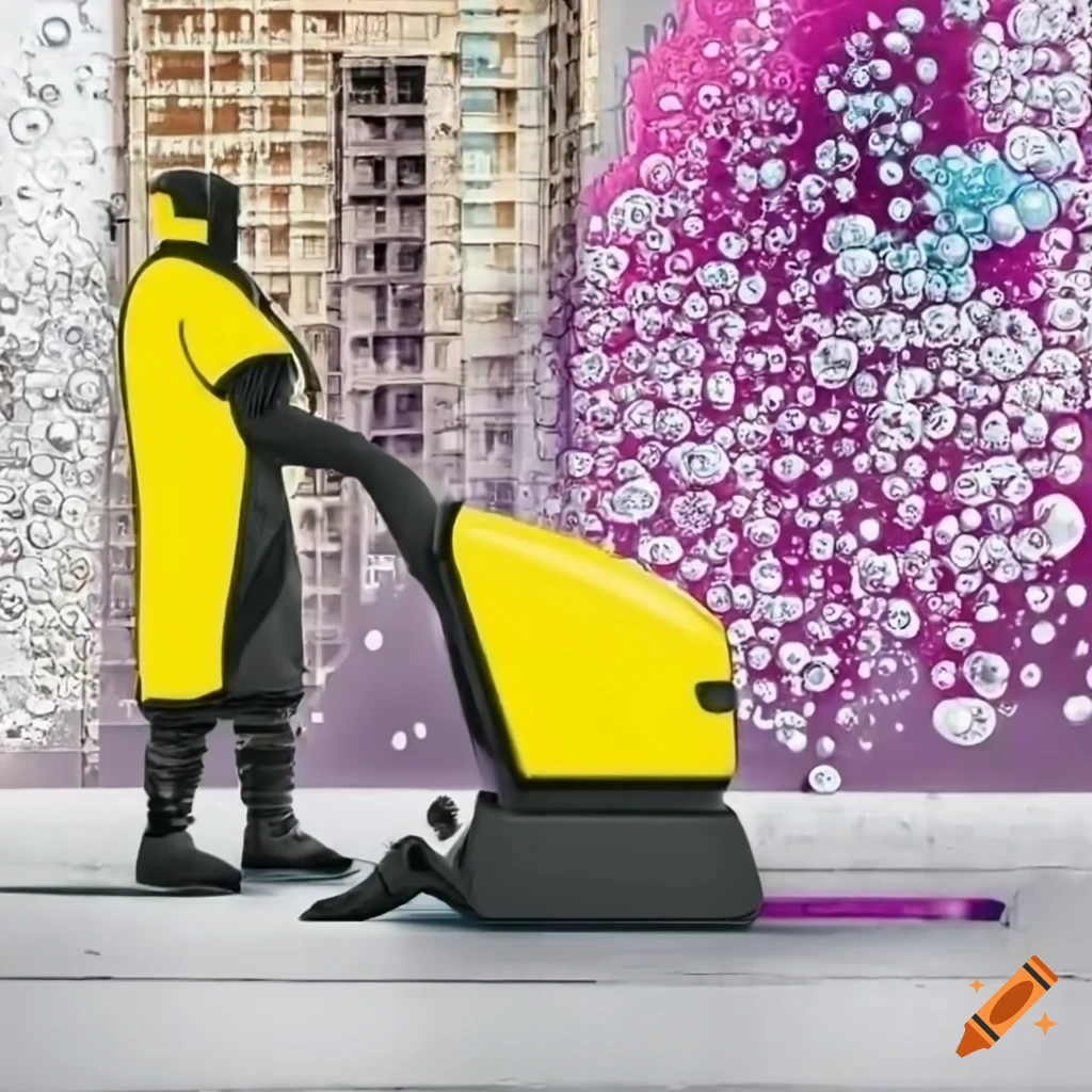 Urban mural of a Karcher B50 floor scrubber with detergent bubbles