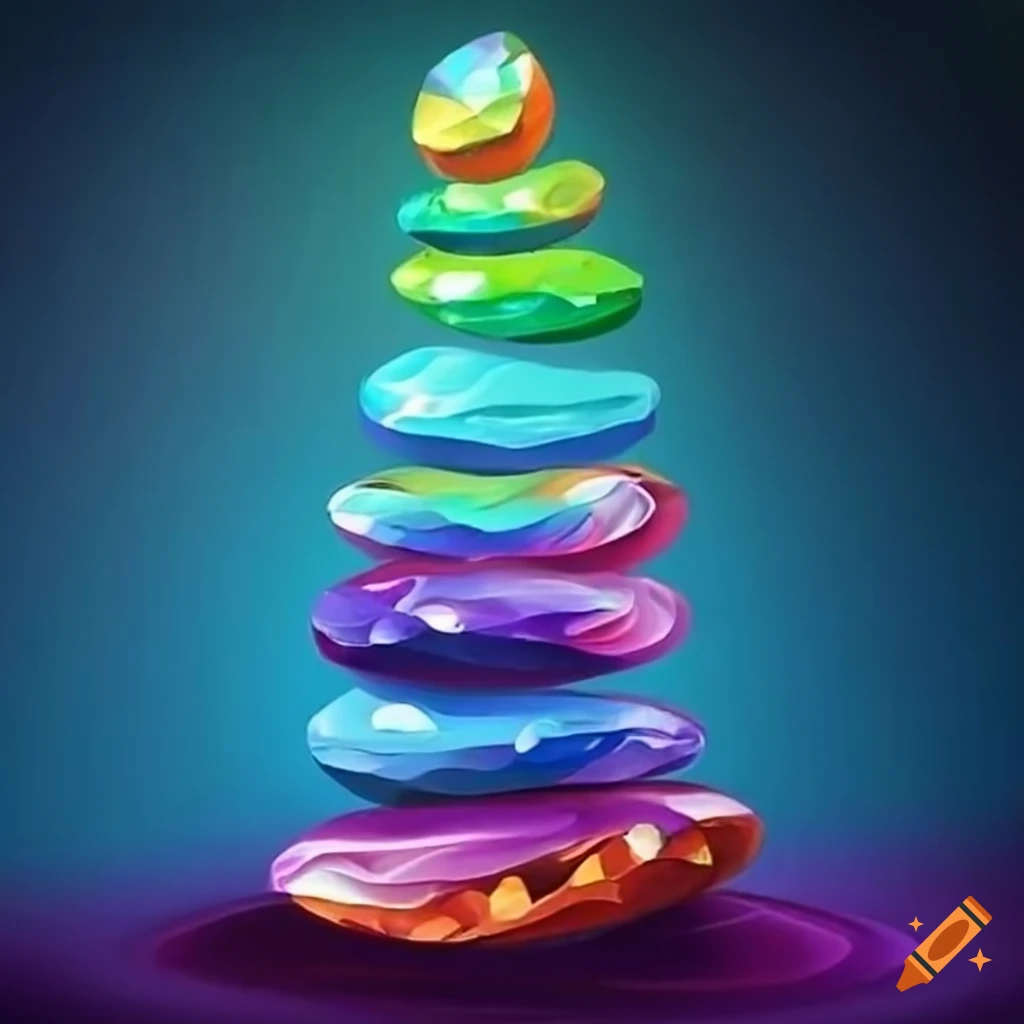 Stack of glowing gems on mist with vibrant colors