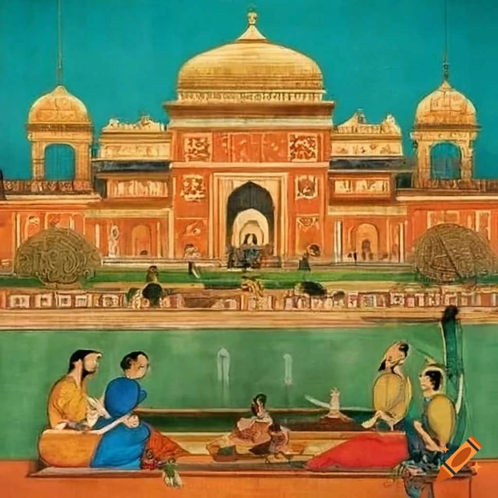 Mughal art depicting men in a palace garden