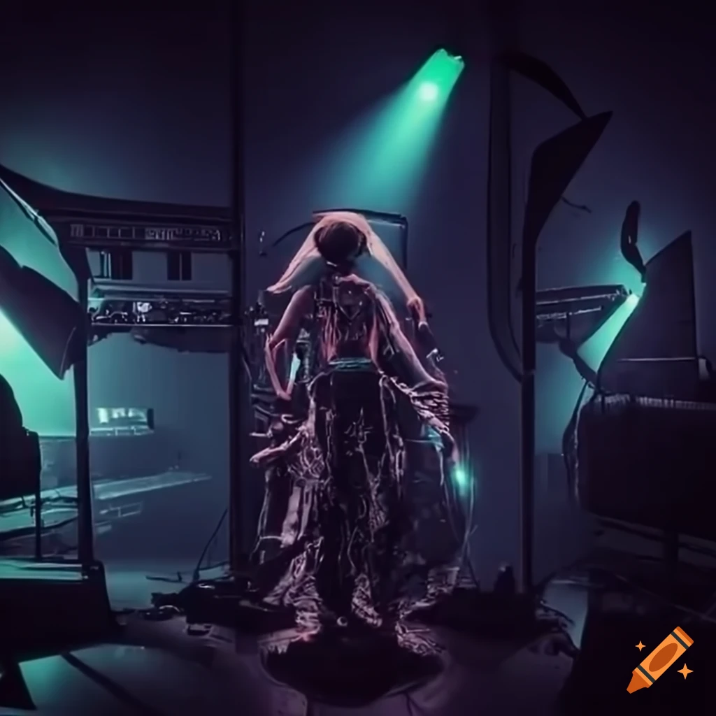 Retro-futuristic biomechanical band playing modular music in a dystopic location