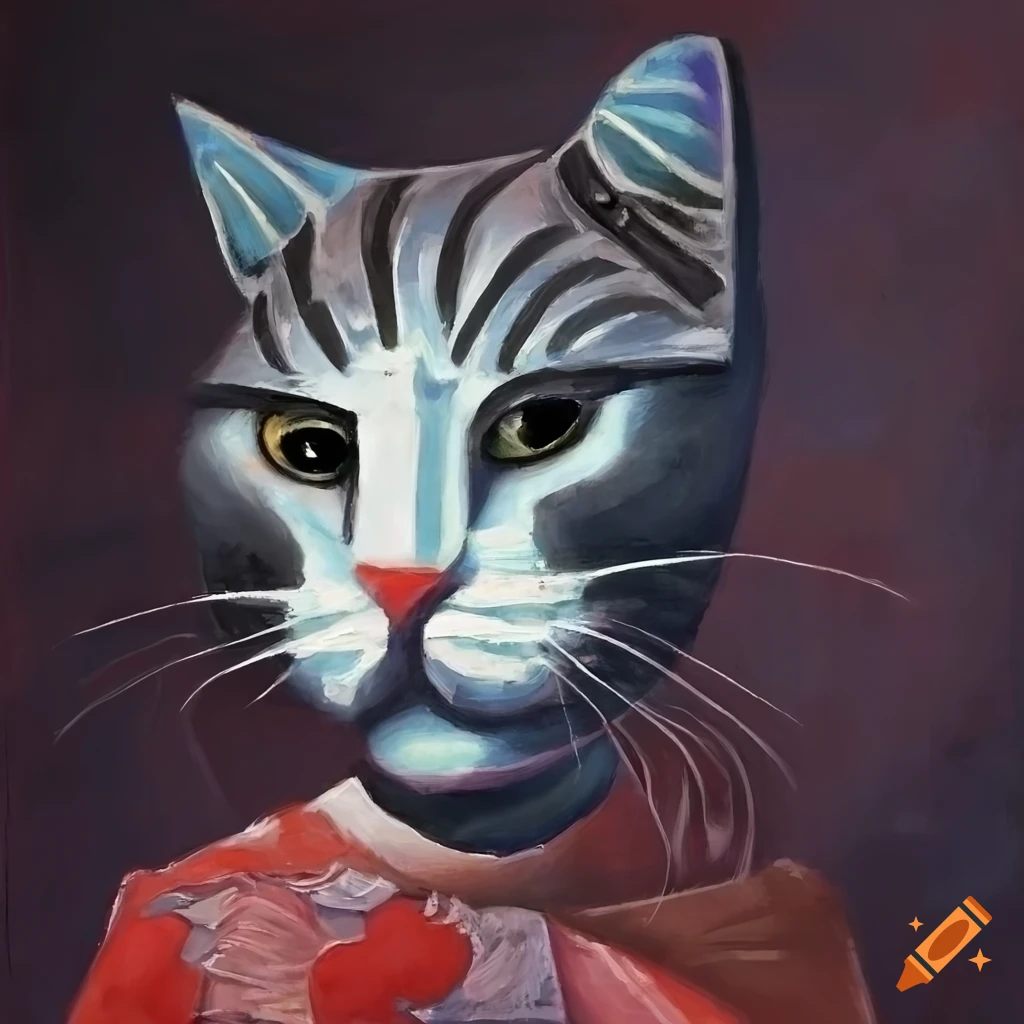 Painting of a cat in retrofuturistic Kabuki style with abstract motifs