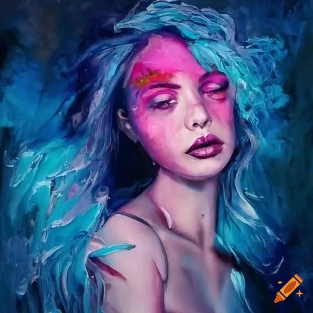 Woman with splashes of blue and pink paint on her face on Craiyon