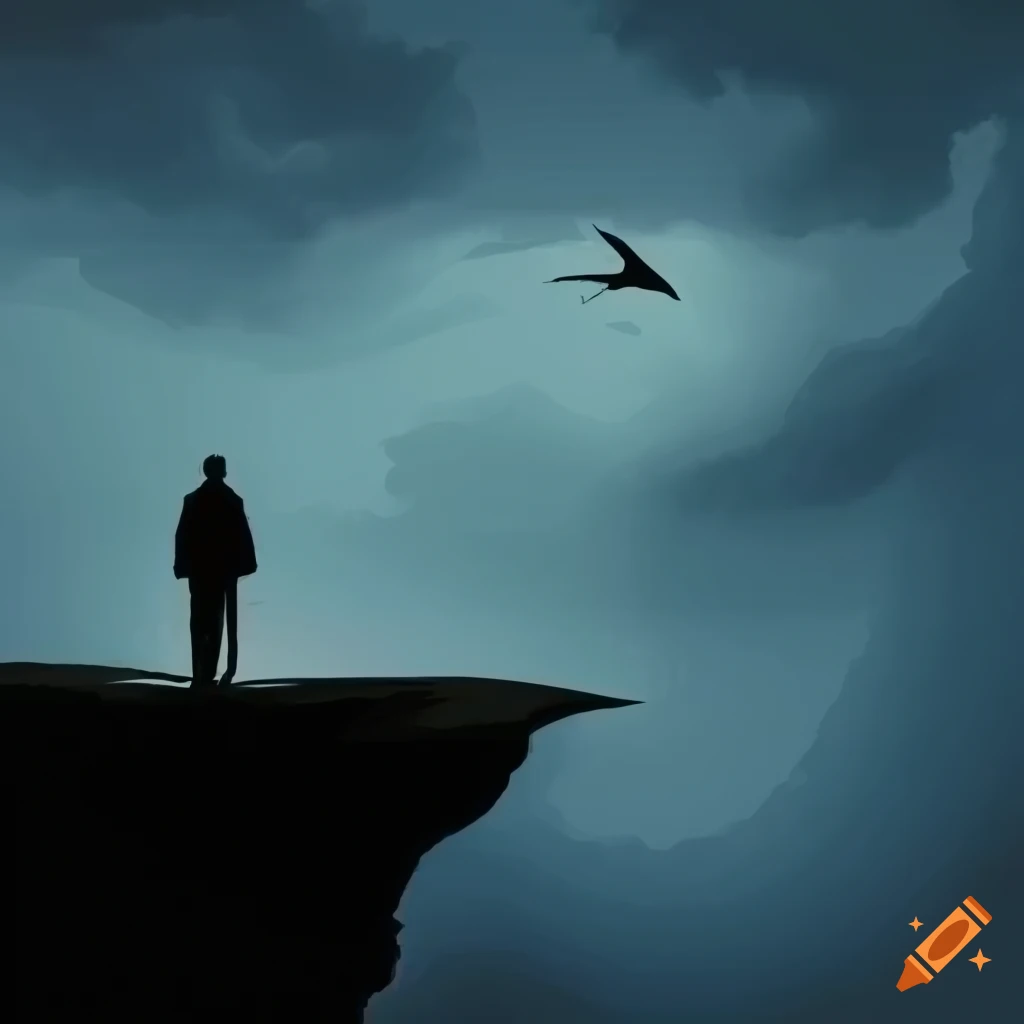 Silhouette of man and woman at edge of high cliffs with valley and bird in stormy sky