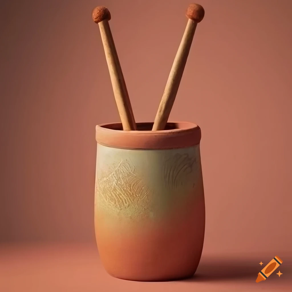 Terra cotta pot with drumsticks and marimba mallets