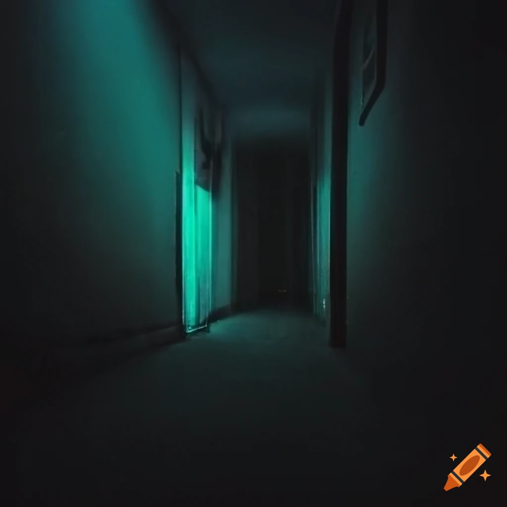 Glowing green eyes in dark hallway of a house on Craiyon