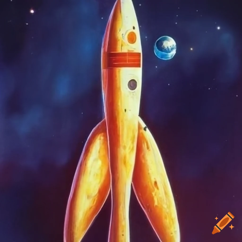 70s sci-fi art of a spacecraft shaped like a French fry