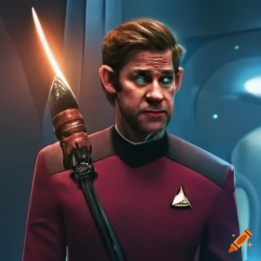 Heroic Starfleet Captain battles a werewolf with a silver spear in a sci-fi setting