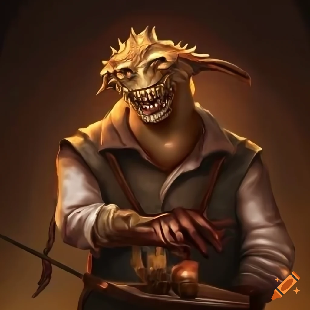 Elegant bronze dragonborn bard smiling while polishing a tavern bar on