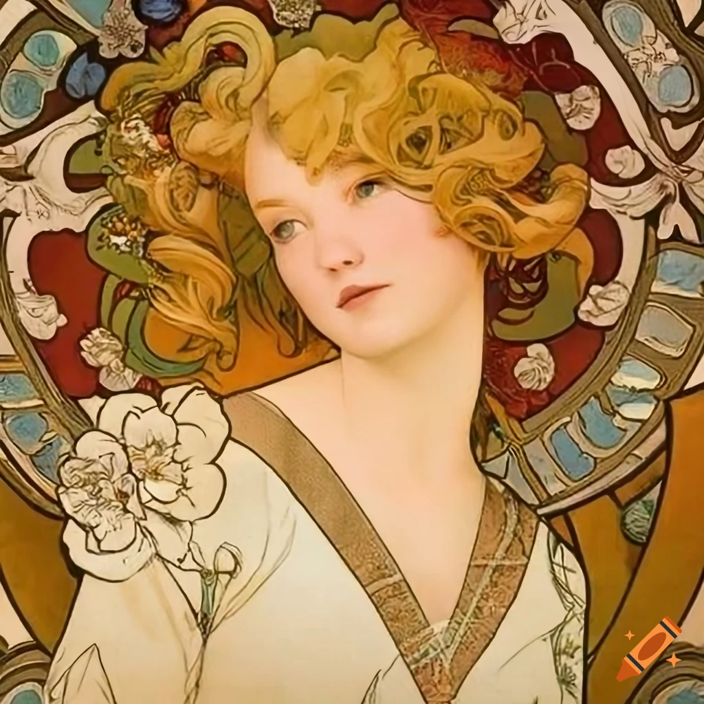 Art nouveau blond woman smiling with floral elements by Alphonse Mucha