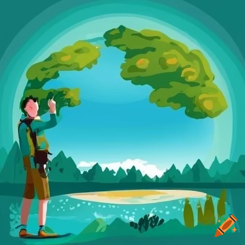 Drawing of a tourist exploring nature for health benefits