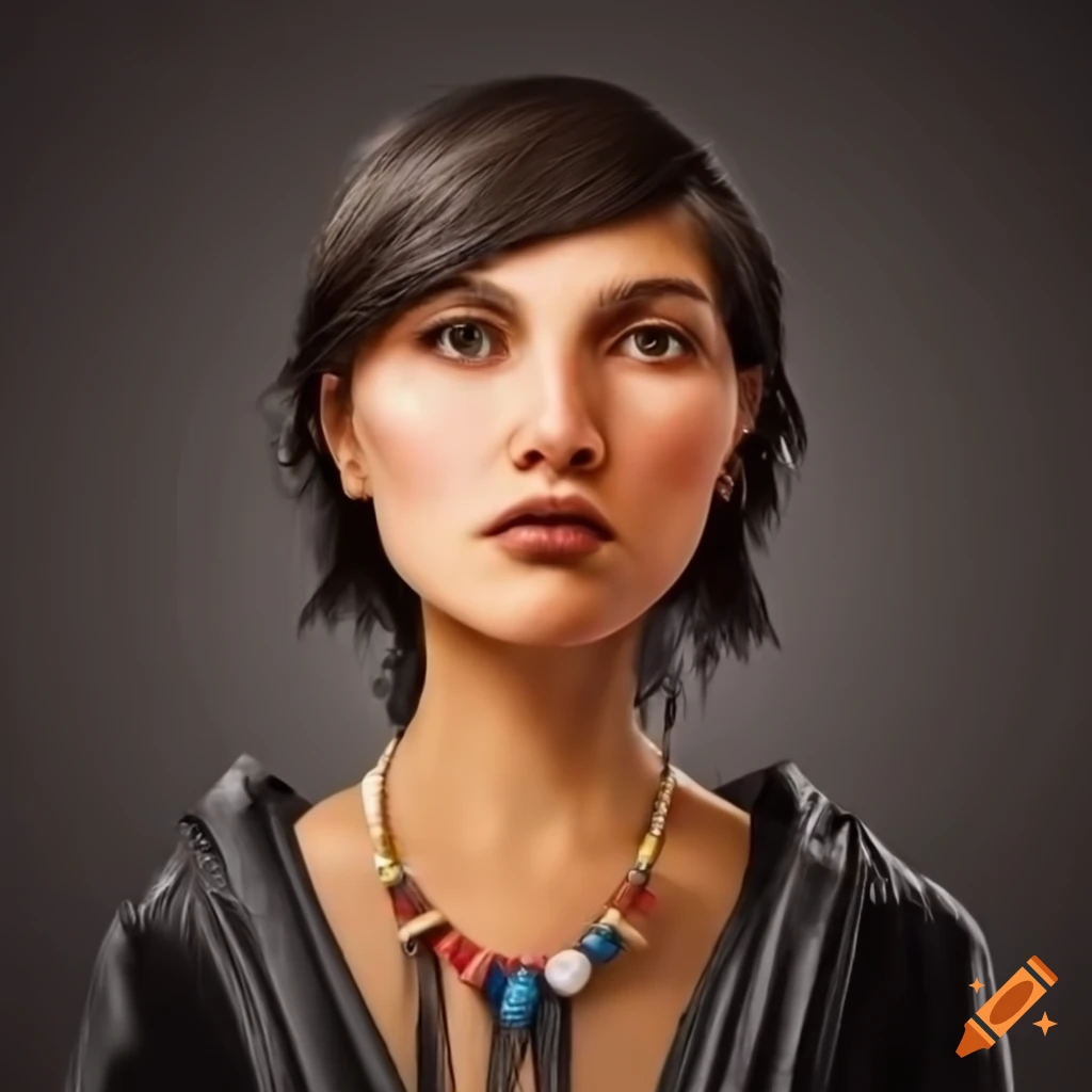 Mischievous Native American woman with short hair and black jacket