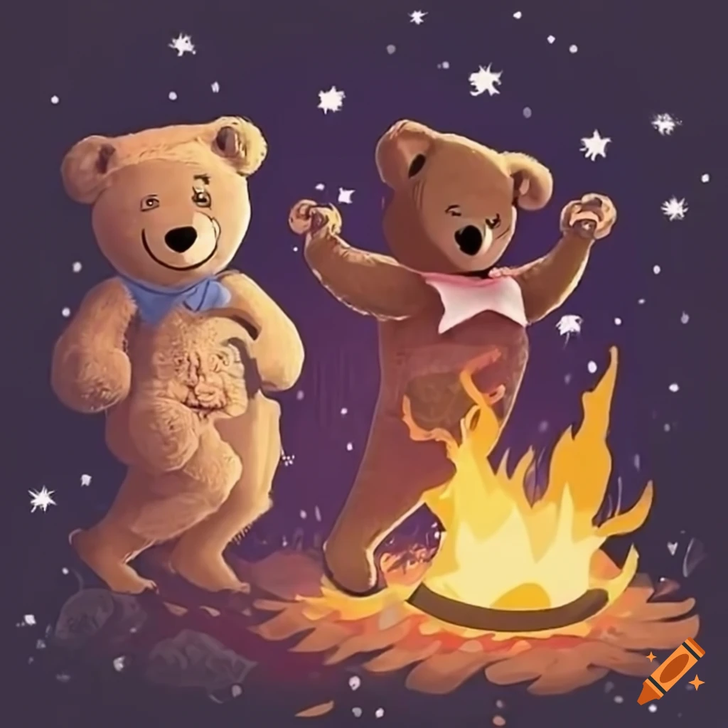 Whimsical teddy bears in costumes dancing around a campfire under the stars