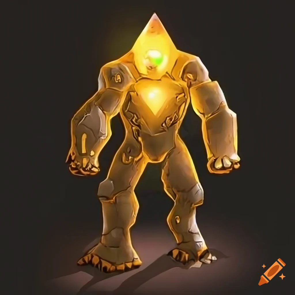 Semi transparent Crystal golem with glowing golden eyes