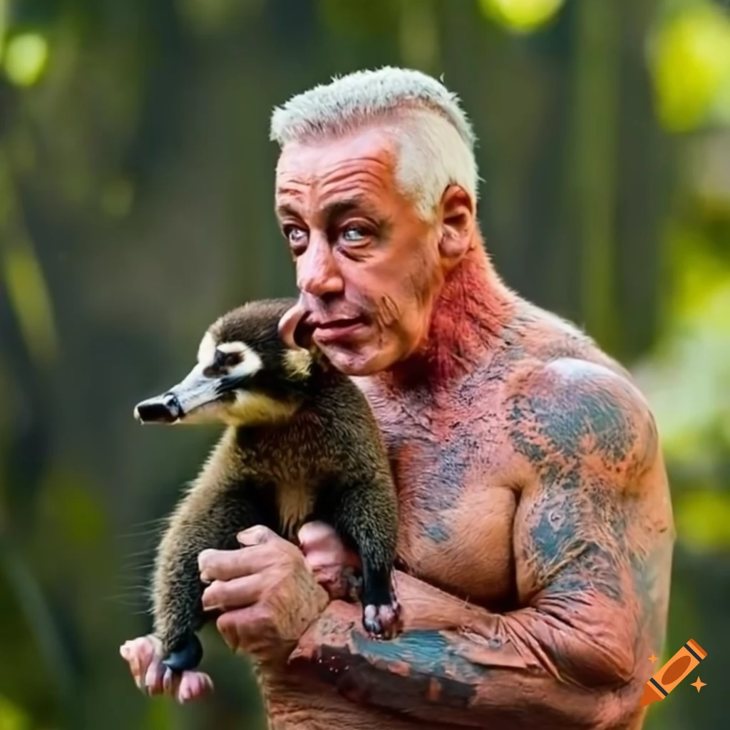 Musician Till Lindemann posing with a coati in the wilderness