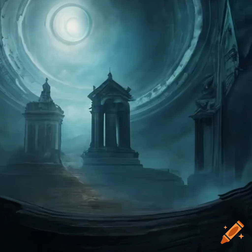 Circular house of justice with pillars in a stormy atmosphere
