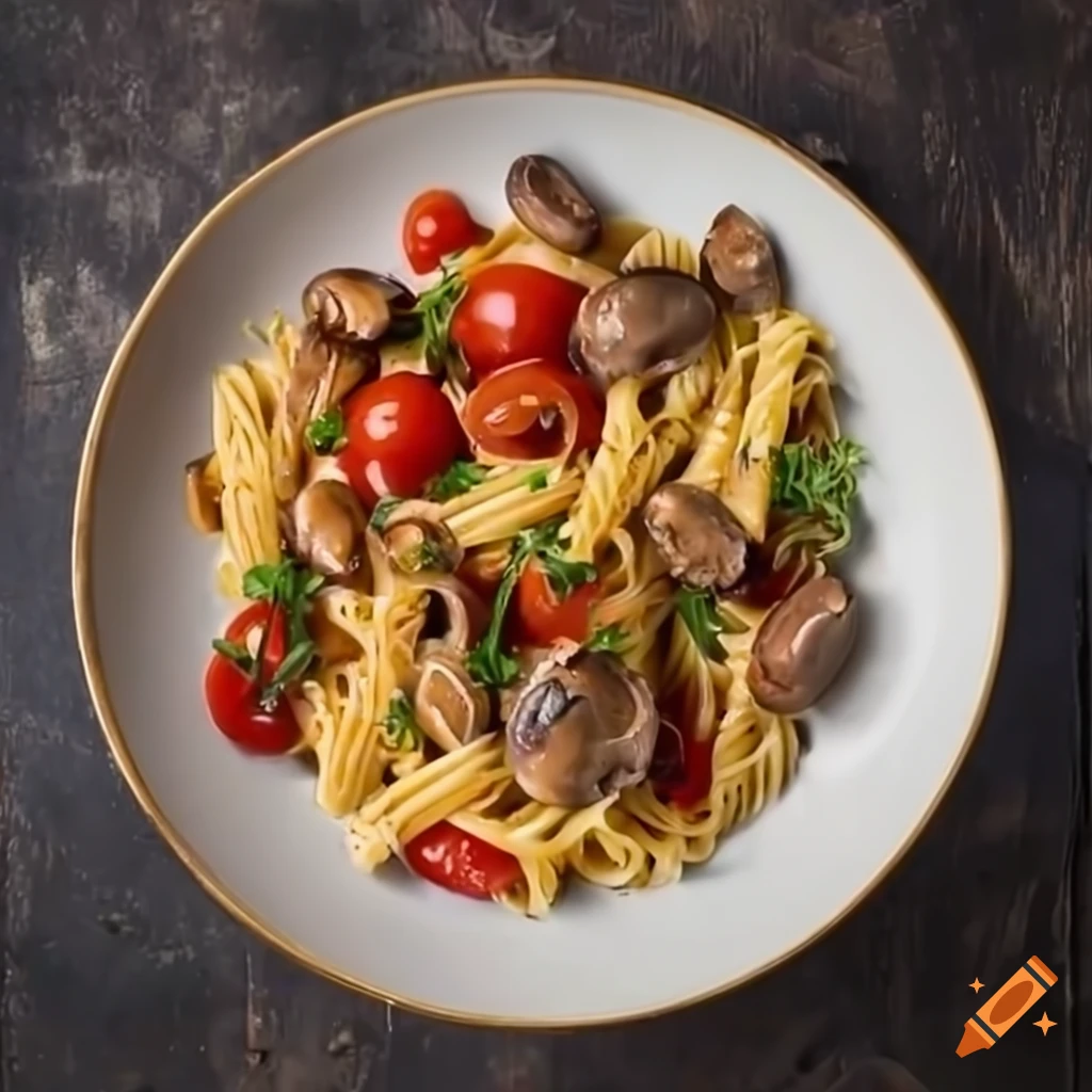 Whole wheat pasta with tomato sauce and vegetables in a plate