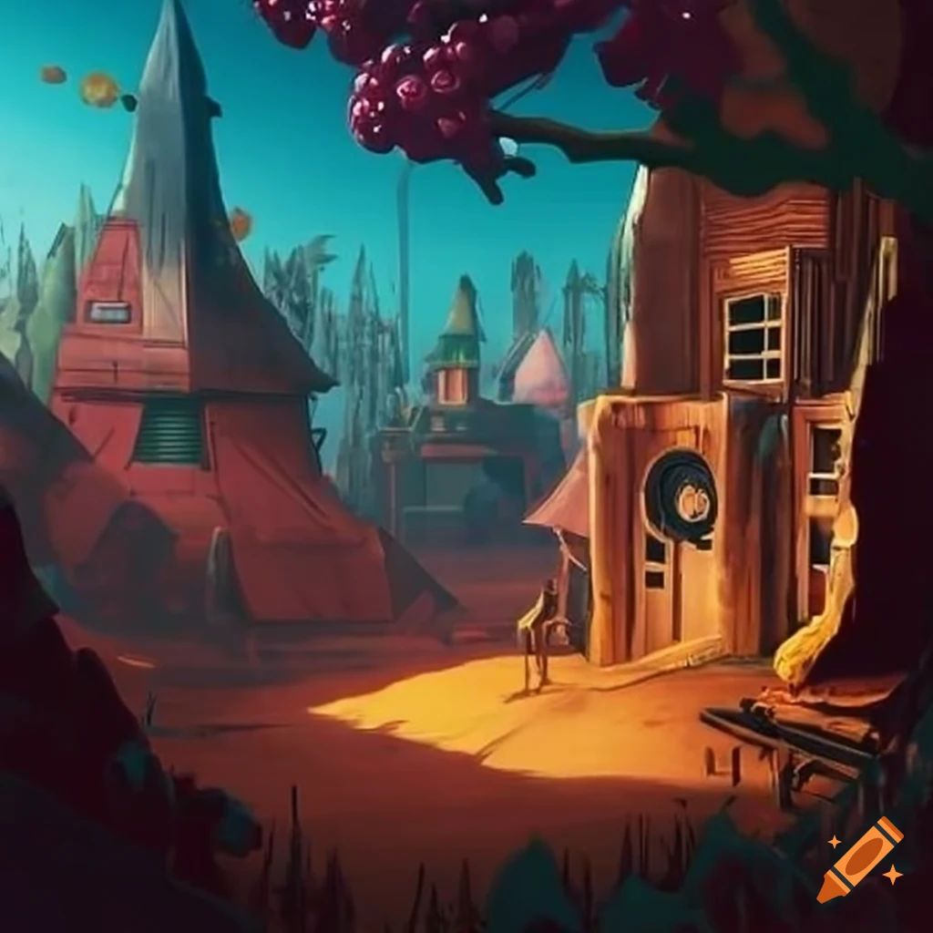 Sci-fi village near a berry orchard landscape