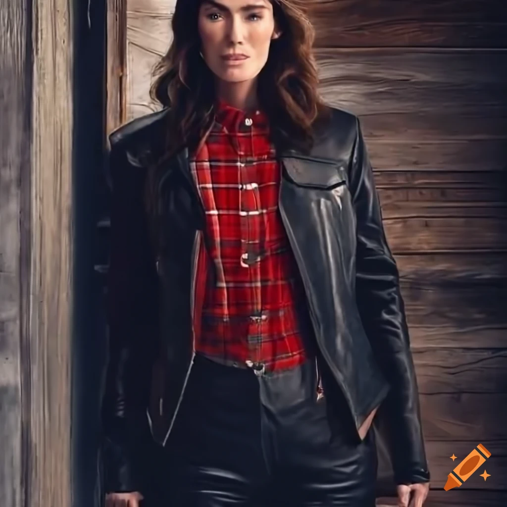Woman in country-plaid shirt and black leather jacket on Craiyon