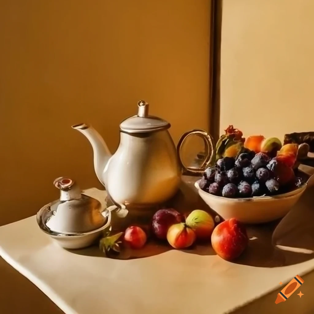 Table with fruits and a teapot in golden lighting and pastel colors