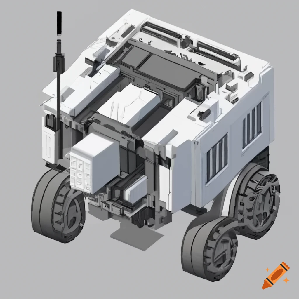 Isometric white mechanoid transport unit with powerful tracks