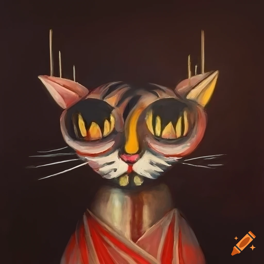 Painting of a cat in retrofuturistic Kabuki style with abstract motifs