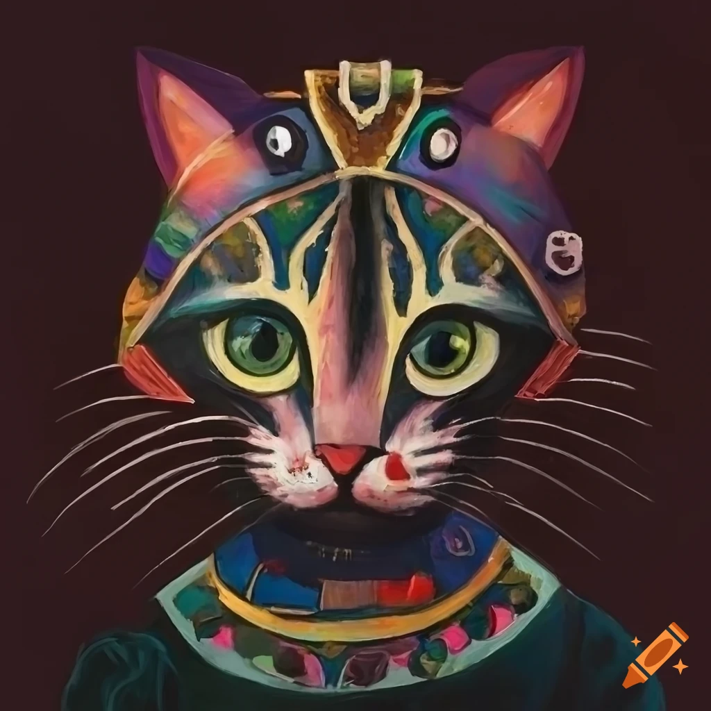 Painting of a cat in retrofuturistic Kabuki style with abstract motifs