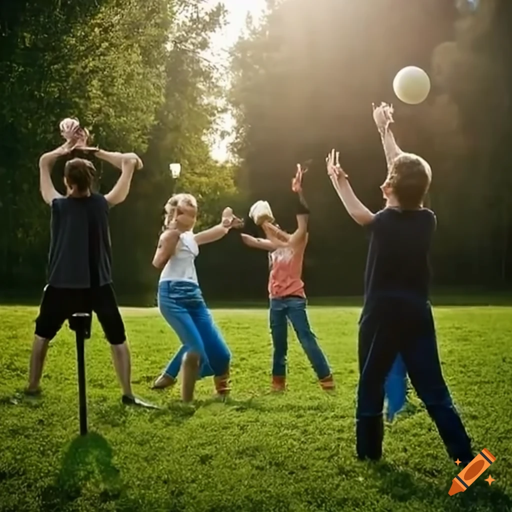 Group of people juggling with balls, diabolos, and clubs on a grassy field