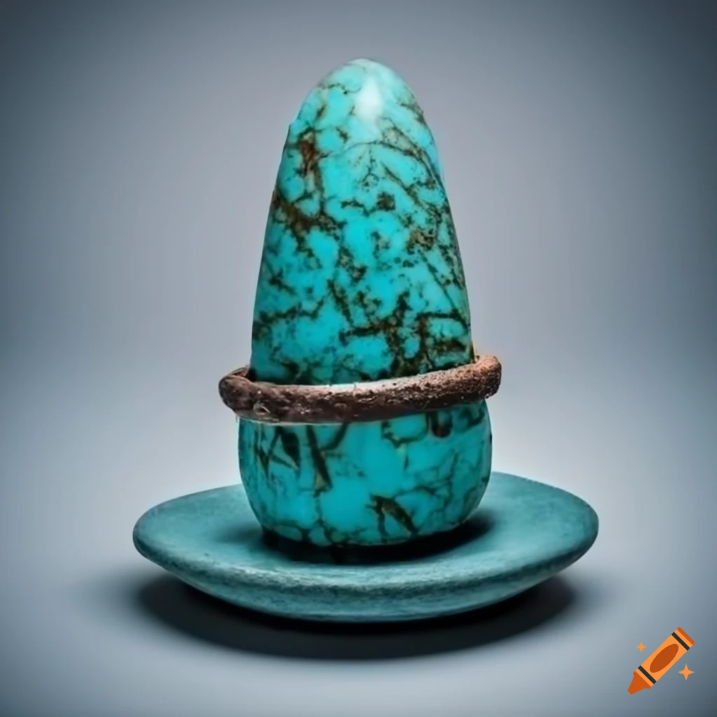 Turquoise stone cone with runes on a metal rod on a turquoise stone plate