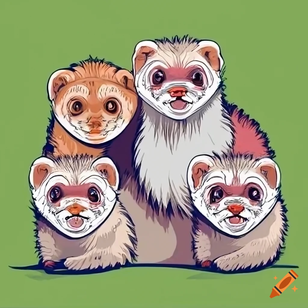 Four ferrets, three black with masks and one white, in grass