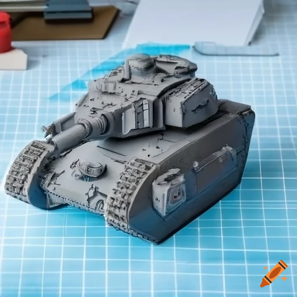 Detailed model of Leman Russ Warhammer tank sculpted from gray plasticine on work table