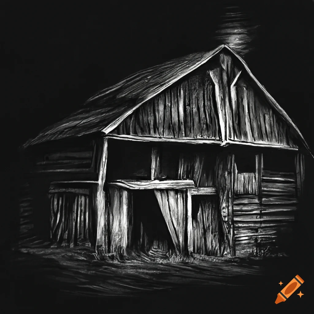 Interior of an old barn at night in charcoal black and white drawing
