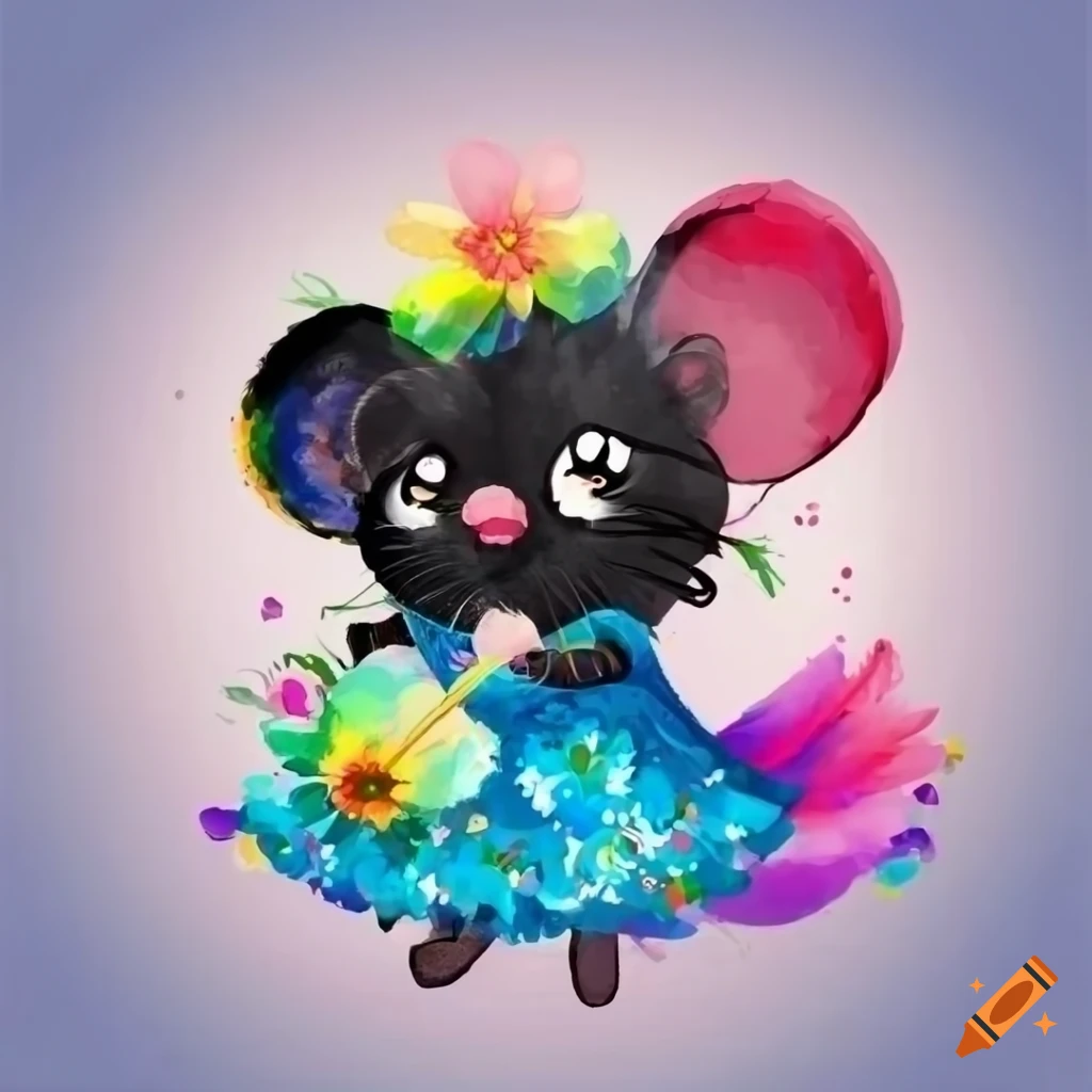Cute storybook black mouse with rainbow hair in watercolor style