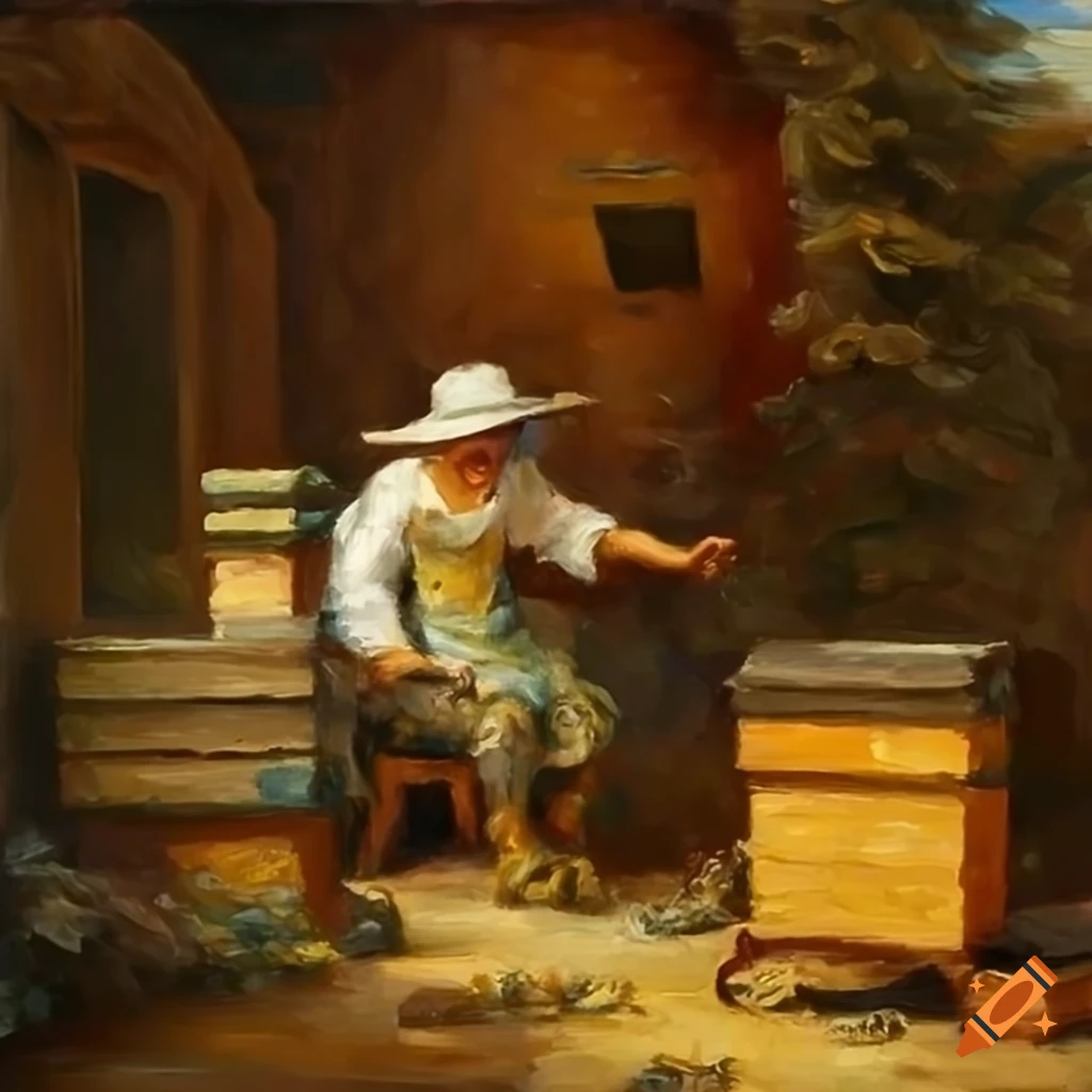 Beekeeper tending to swarm of honeybees in a medieval landscape oil painting