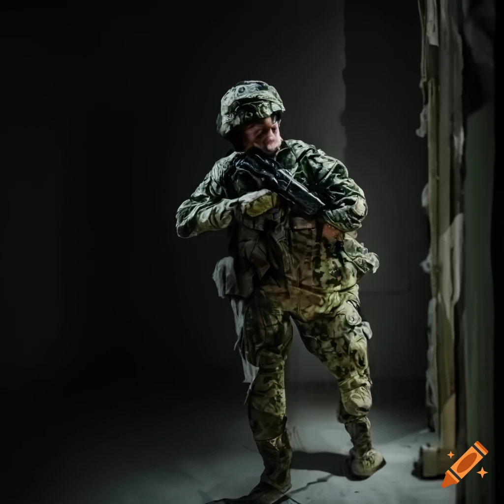 Military figure in camouflage delivering a statement in a dimly lit room