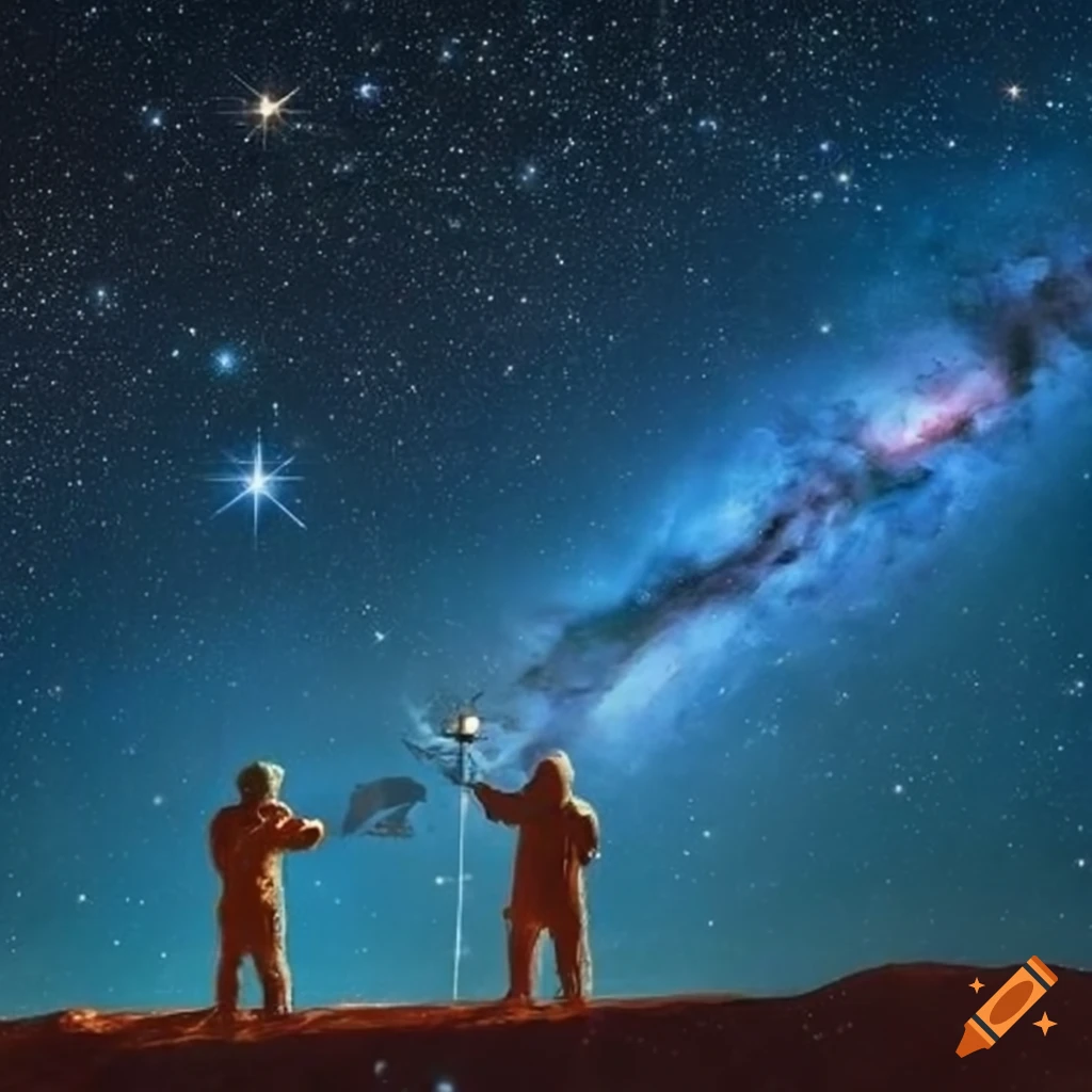 Avant-garde depiction of space explorers analyzing constellations