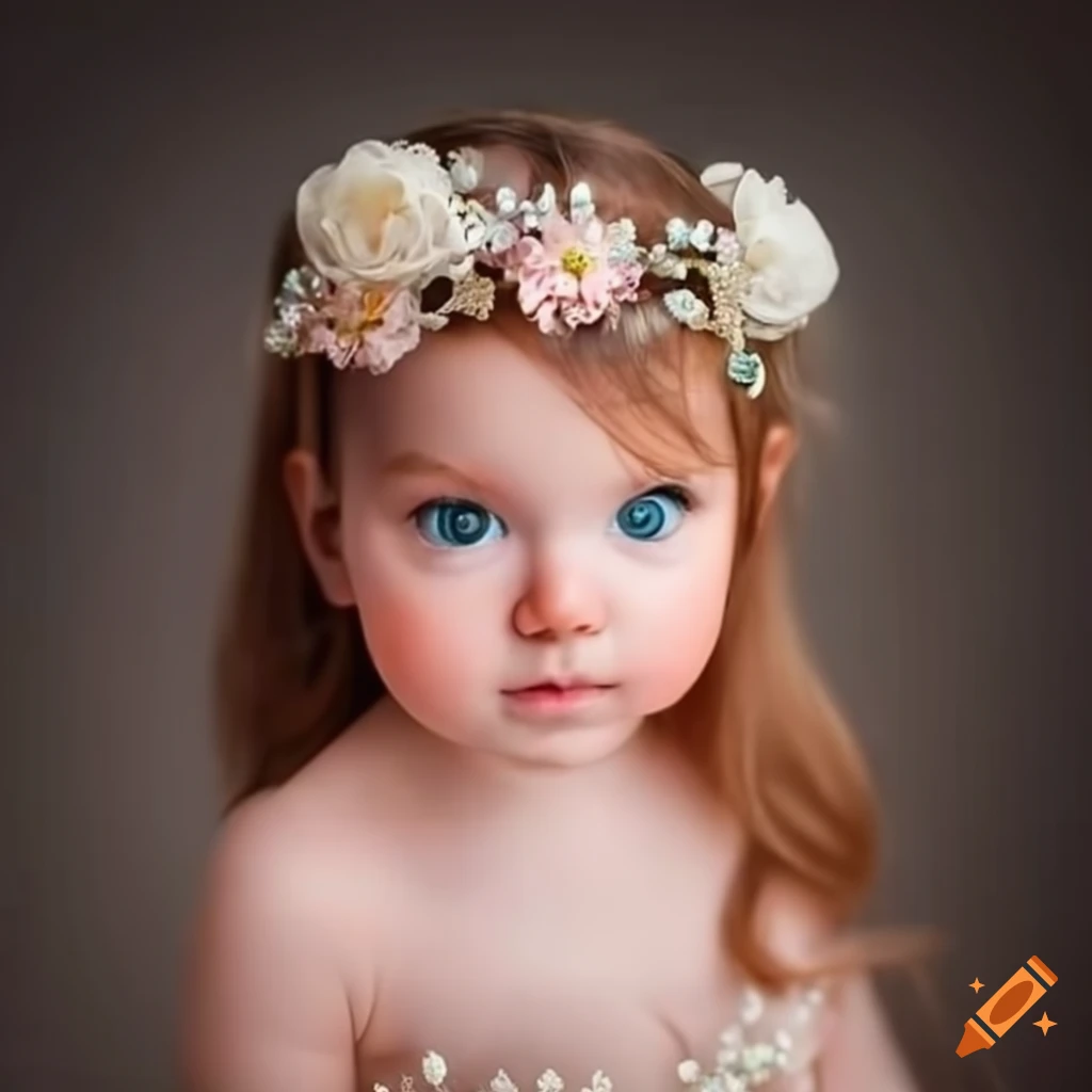 Beautiful baby girl in a floral crown and princess dress