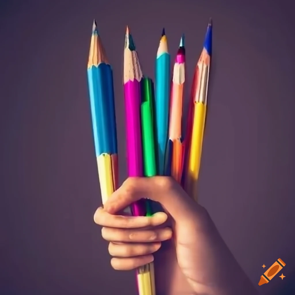 Hand holding pens and pencils