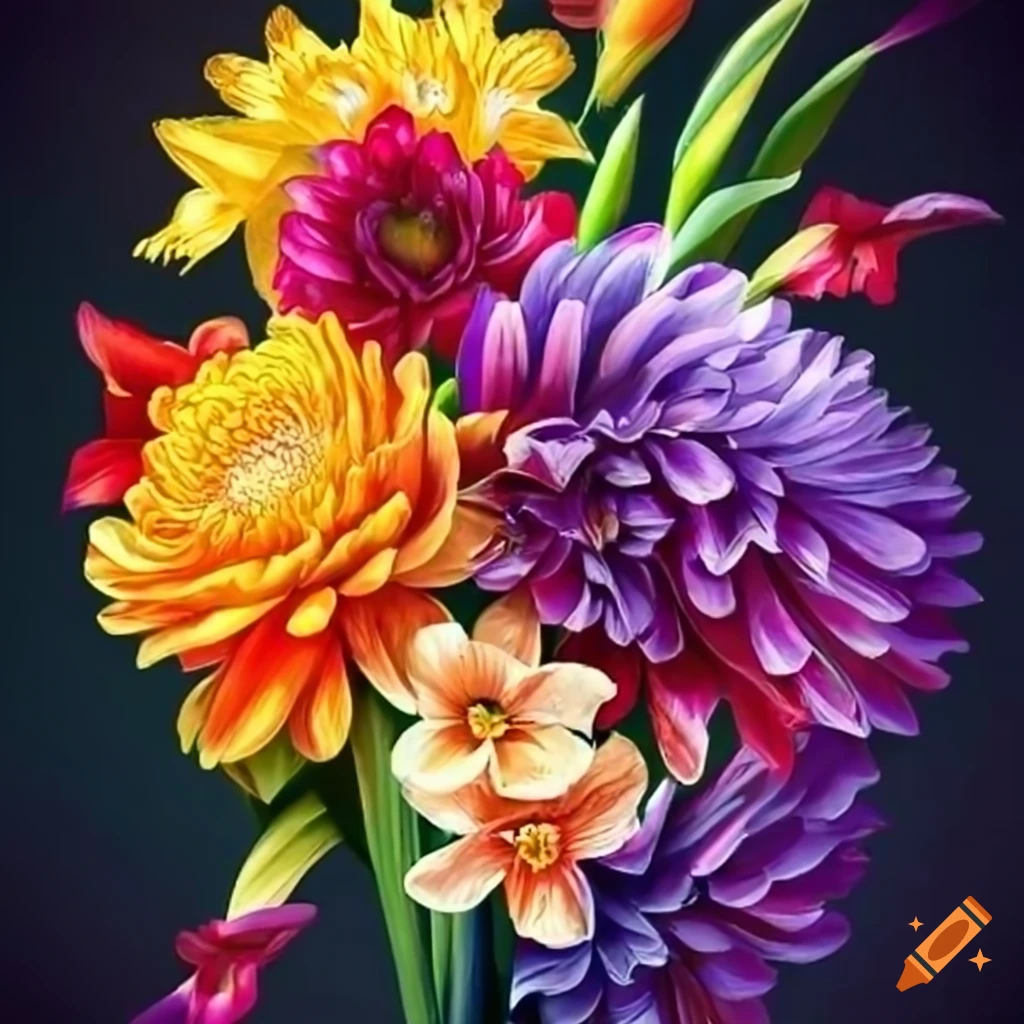Vibrant arrangement of Chrysanthemum, Gladiolus, daffodils, and violet flowers in a drawing
